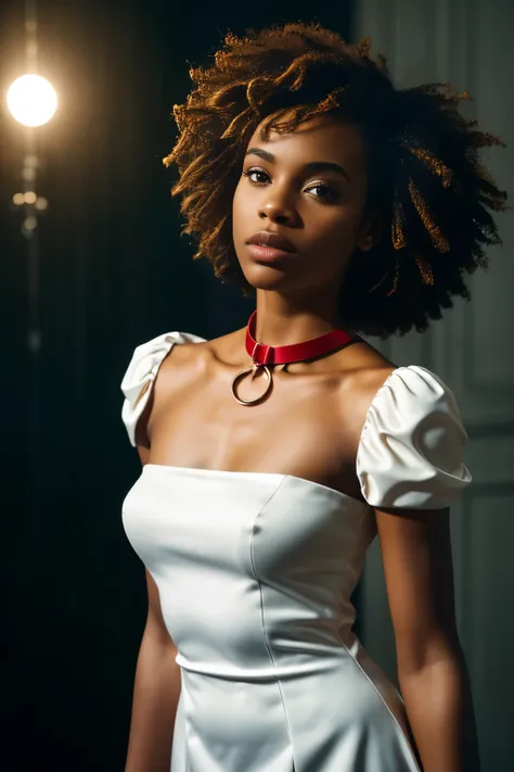 In this photograph, an Afro American Instagram female model in her mid-20s takes center stage. , (highly detailed face:1.4) (smile:0.7) (backround 5 star hotel , moody, private study:1.OV, by lee jeffries, nikon d850, film stock photograph ,4 kodak portra ...