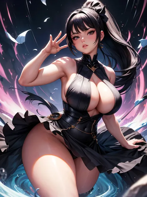 close-up of a 20 age chubby woman  nsfw in a no dress,  sleeveless, dark eyes, legs, long black ponytail hair, stunning beautiful artwork, maximalist, by artgerm, 8k anime artwork, 8k photo, trending on artstation.