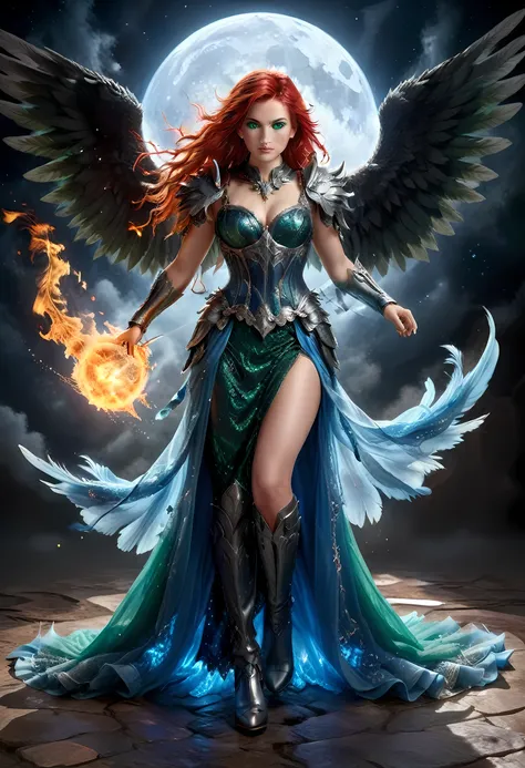 16k, ultra detailed, masterpiece, best quality, (extremely detailed), arafed, dnd art, panoramic view, full body, aasimar, female, (Masterpieceת intense details:1.3), female, sorceress, casting flaming spell(Masterpieceת intense details:1.3) large feathere...