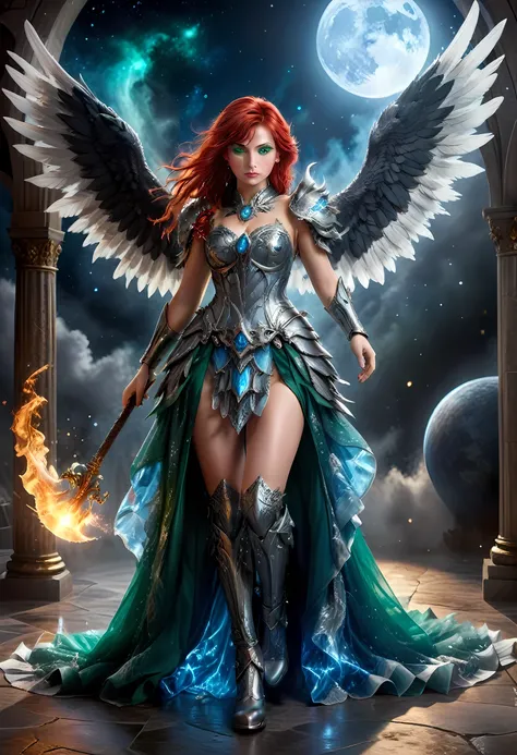 16k, ultra detailed, masterpiece, best quality, (extremely detailed), arafed, dnd art, panoramic view, full body, aasimar, female, (Masterpieceת intense details:1.3), female, sorceress, casting flaming spell(Masterpieceת intense details:1.3) large feathere...