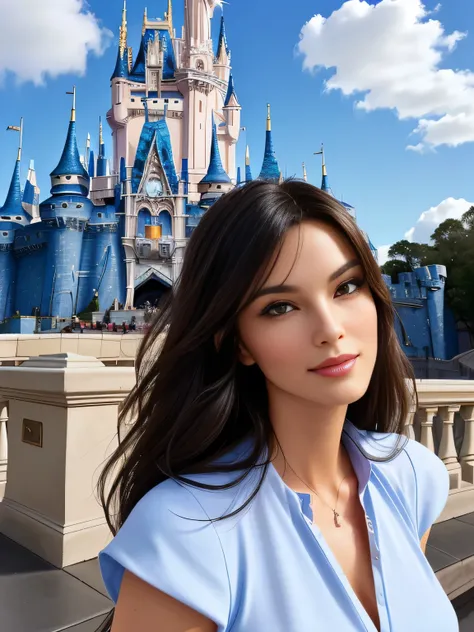 Woman in front of a castle in Disney Worlds Magic Kingdom, with blue sky in the background, castle in the background, with castle in the background, castle in the background, magical kingdom, (castle in the background), the background is the castle in Disn...