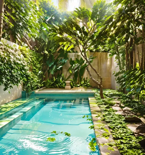 Biophilic backyard, small pool with tree, stone garden, tropical rectangular stone pool, plants and ivy floor, wonderful masterpiece yard, lush oasis, serene and peaceful style, dense with greenery, , great masterpiece, tropical and luxurious pool, warm sc...