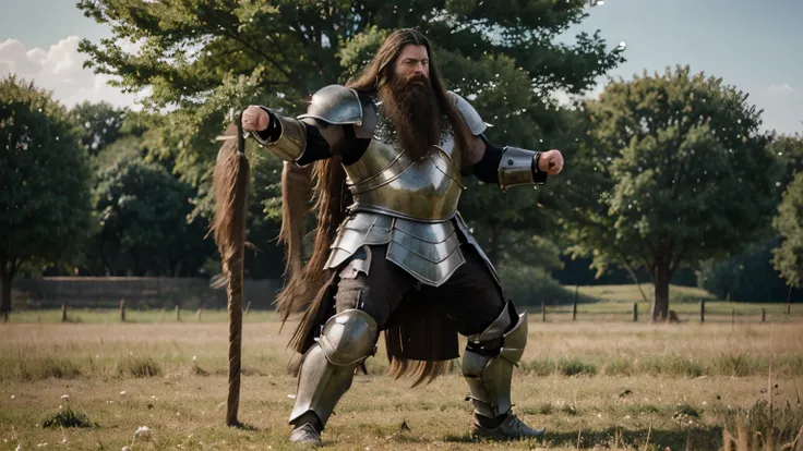 ultra realistic with a lot of details of a giant hair long beard he is serious in a fighting stance in a field he wears armor he is a little fat full body photo