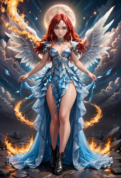 16k, ultra detailed, masterpiece, best quality, (extremely detailed), arafed, dnd art, panoramic view, full body, aasimar, female, (Masterpieceת intense details:1.3), female, sorceress, casting flaming spell(Masterpieceת intense details:1.3) large feathere...