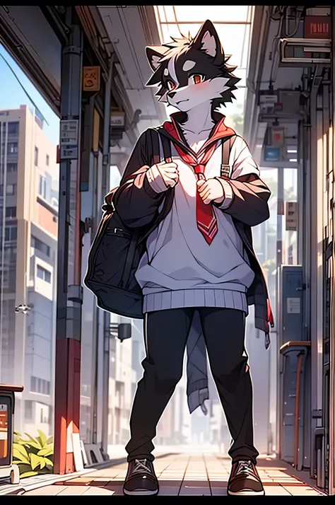 Border collie boy，high school student，uniform，Age 15 years old，Going to school by train，