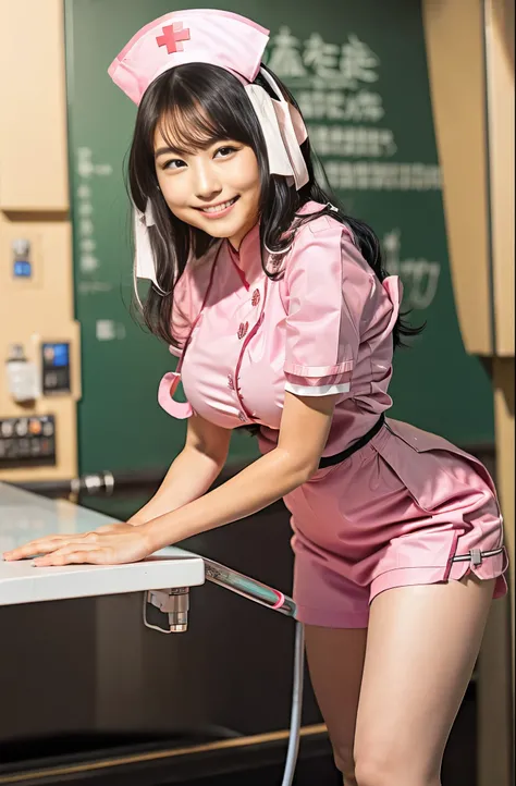 （8k、Raw photography、highest quality、masterpiece：1.2),(Black Hair:1.8),(:1.3)、View your audience,Viewed from the front,White skin,(Pink nurse uniform:1.6)、(Tight waist:1.6)、(Clothes that accentuate the shape of the breasts:1.0)、(Big Breasts :1.4)、Slim figur...