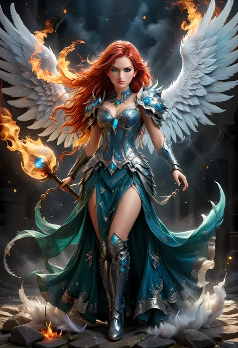16k, ultra detailed, masterpiece, best quality, (extremely detailed), arafed, dnd art, panoramic view, full body, aasimar, female, (Masterpieceת intense details:1.3), female, sorceress, casting flaming spell(Masterpieceת intense details:1.3) large feathere...