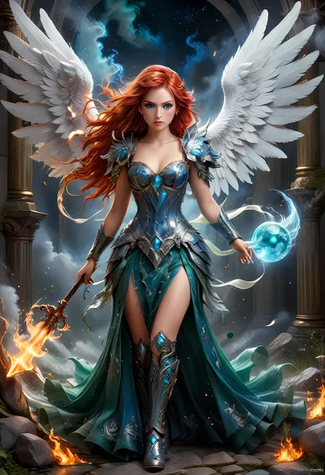 16k, ultra detailed, masterpiece, best quality, (extremely detailed), arafed, dnd art, panoramic view, full body, aasimar, female, (Masterpieceת intense details:1.3), female, sorceress, casting flaming spell(Masterpieceת intense details:1.3) large feathere...
