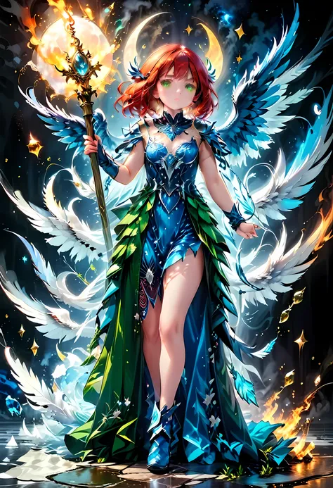 16k, ultra detailed, masterpiece, best quality, (extremely detailed), arafed, dnd art, panoramic view, full body, aasimar, female, (Masterpieceת intense details:1.3), female, sorceress, casting flaming spell(Masterpieceת intense details:1.3) large feathere...