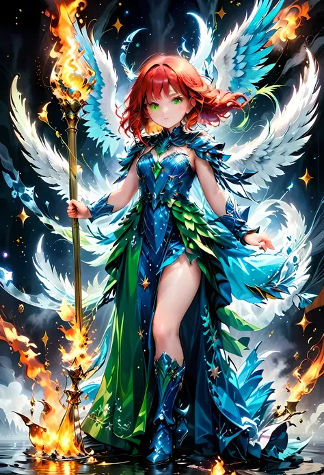 16k, ultra detailed, masterpiece, best quality, (extremely detailed), arafed, dnd art, panoramic view, full body, aasimar, female, (Masterpieceת intense details:1.3), female, sorceress, casting flaming spell(Masterpieceת intense details:1.3) large feathere...
