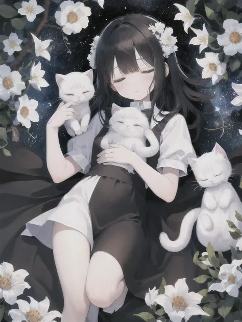 A  and a fluffy white kitten, flowers, sleeping, long black hair, night, starry sky