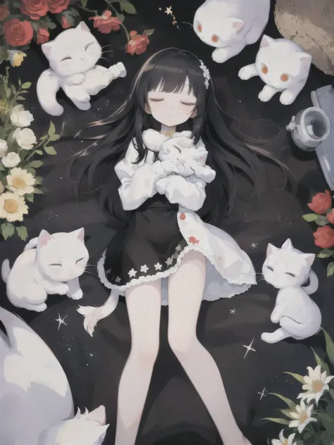 A  and a fluffy white kitten, flowers, sleeping, long black hair, night, starry sky