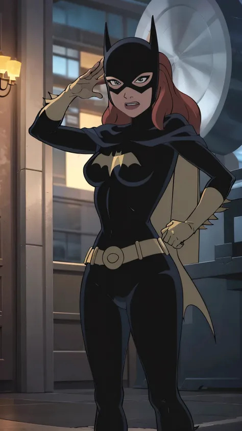 Batgitlfit, cabelos muito longos, cabelos ruivos, cabelo entre os olhos, rabo de cavalo alto, Fechaduras laterais, Olhos azuis, batgirl, roupas brilhantes, body impossible, pele apertada, saia, Olhando para o Viewer sorrindo, (),(pernas musculosas:1.3), ((...