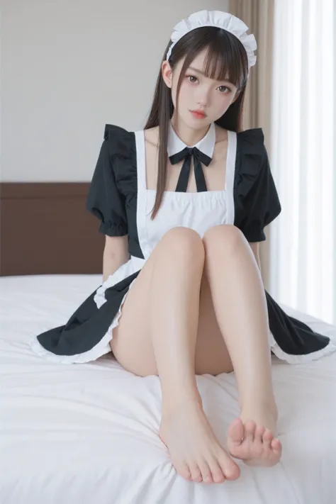 (score_9,score_8_up,score_7_up,),1girl,solo,maid,maid headdress,looking at viewer,apron,brown hair,indoors,black hair,bare foot,feet focus,two feet,