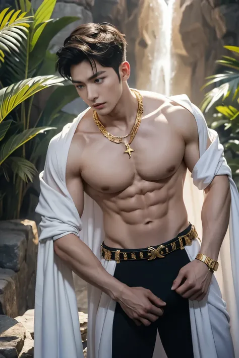 A muscular Korean man is in a wonderland, 20yo, Lleva un rico blanco como la nieve (capa de piel en hombros y espalda) con una pila muy larga, bajo el cual se ve su cuerpo extremadamente musculoso, The emphasis is on the male body. Sobre su cabeza hay un h...