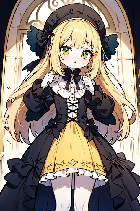 a small girl in a gothic victorian house, yellow sundress, blonde hair, green eyes, pale skin, standing before an erect furry co...