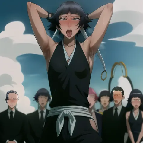 (Super delicate skin),(Ahegao), (flat chest:1.4), (The nipples can be seen through the clothes),(muscular:1.35),flirtatious, 1 female, solitary, Black flowing hair, eternal, Japanese clothing, No underwear,Small Breasts, No eyeballs, For the audience, Look...
