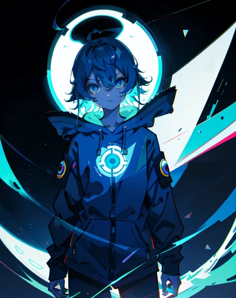 Anime girl medium hair, Wearing a hooded suit, Sharp Eyes、Looking down from above、grinning face、 blue hair,  Overall shot in neon style, whole body、  Large headphones、cool pose