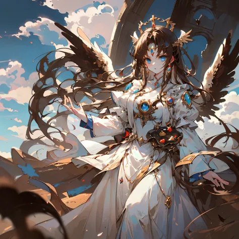 ((Best quality)), ((chef-d&#39;artwork)), (detailed), visage parfait
girl, angelic, thrown, clouds, amazing blue eyes, etheral, ancient godess dress, queen, empress, crown, brown hair, very long hair, large wings 