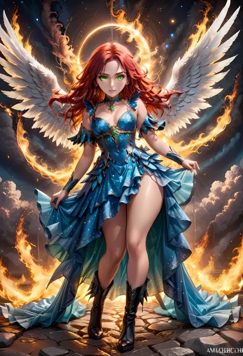 16k, ultra detailed, masterpiece, best quality, (extremely detailed), arafed, dnd art, panoramic view, full body, aasimar, female, (Masterpieceת intense details:1.3), female, sorceress, casting flaming spell(Masterpieceת intense details:1.3) large feathere...