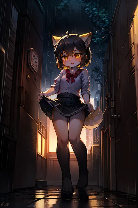 A little wolf girl, petit body, small girl, young girl, little furry, blond fur, black hair, yellow eyes, raining, alleyway, miniskirt, lust, lifted skirt