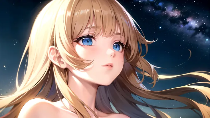 ((highest quality)), ((masterpiece)), (detailed), Perfect Face、One Girl、Light Brown Hair、Long Hair、Looking up at the night sky、Bangs、Blue Eyes、Light in the eyes、Close your mouth、girl,blunt bangs、White dress、shutting eyes、profile、Cami dress