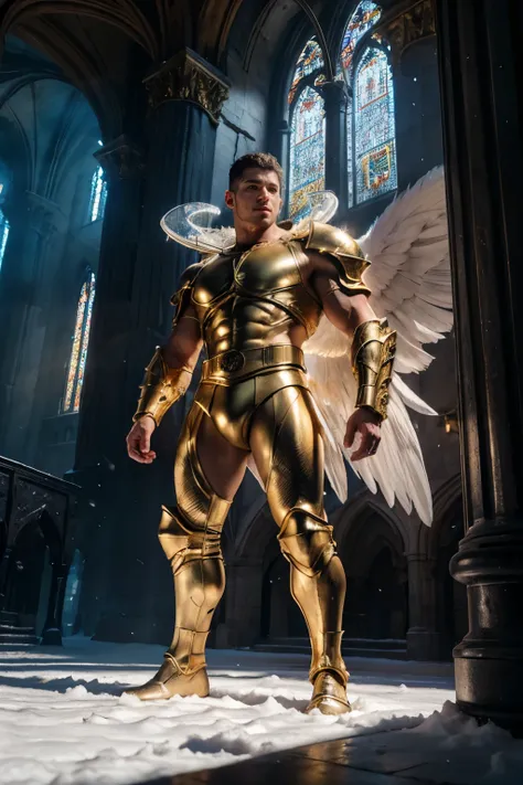 ultra high res, best quality, photo, 4k, (photorealistic:1.4), cinematic lighting, a male angel with large translucent wings,muscular man, abdominal muscle, wearing medieval gold armor, detailed feathers, cyberpunk environment, snow and  environment in the...