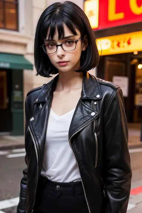 20 year old girl. thin, thin body, black clothes, black hair, dark hair, short hair, bangs. round glasses. thin face. thin neck....