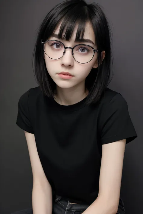 16 year old girl. thin, thin body, black clothes, black hair, dark hair, short hair, bangs. round glasses. thin face. thin neck. dark circles, sad and tired face, western face, violet eyes, tired and droopy look. black top, black pants, boredom. grey backg...