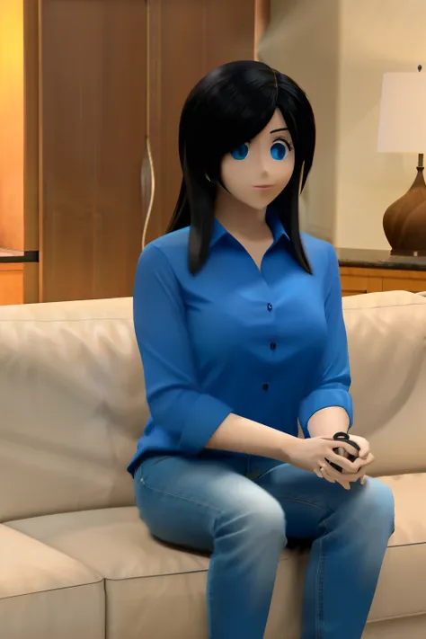 animatronic housewife, black hair, blue eyes, blue shirt, jeans, glowing eyes, on the couch