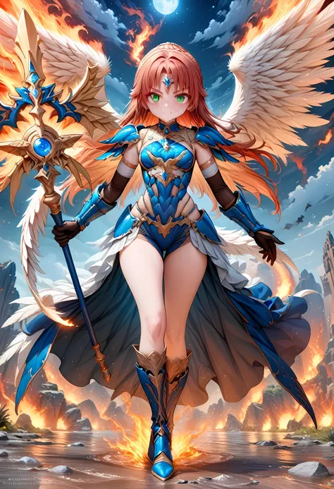 16k, ultra detailed, masterpiece, best quality, (extremely detailed), arafed, dnd art, panoramic view, full body, aasimar, female, (Masterpieceת intense details:1.3), female, sorceress, casting flaming spell(Masterpieceת intense details:1.3) large feathere...