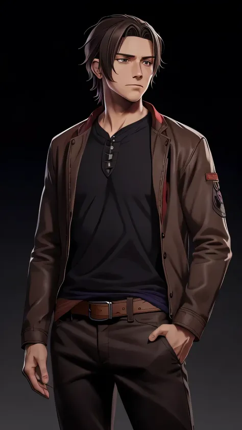 Man, Medium-length brown hair, scars on face,  Purple eyes, Red bandana around the neck, gray shirt, casual jacket, black belt, black trousers, conceptual art, conceptual art, anime, anime