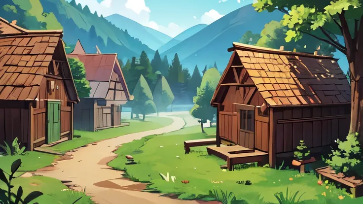 village, the forest, Wooden houses, фэнтезийная village, without people, за the forestом