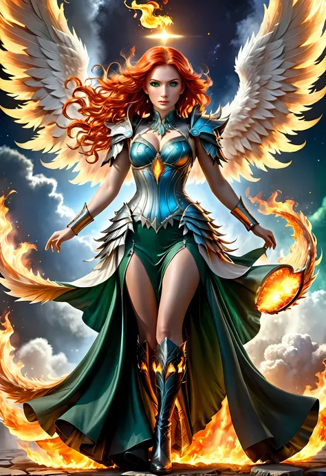 16k, ultra detailed, masterpiece, best quality, (extremely detailed), arafed, dnd art, panoramic view, full body, aasimar, female, (Masterpieceת intense details:1.3), female, sorceress, casting flaming spell(Masterpieceת intense details:1.3) large feathere...