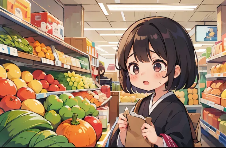 ((masterpiece, highest quality)), Japanese, 2 girls, cute, Dressed as a clerk, clothes,  Inside the supermarket, There are a lot of vegetables behind,Onion A face that looks very surprised at the high price of onions, My eyes are popping out of my head in ...