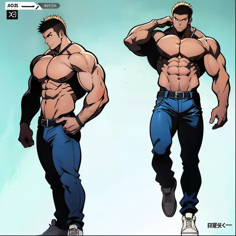 Arte estilo anime, desenho estilo anime, imagem frontal, de corpo inteiro, Personagem masculino musculoso, protagonista, , cabelo curto, cabelo com pontas, cabelo curtinho, personagem musculoso, sem camisa, wearing ripped blue pants, wearing white sneakers...