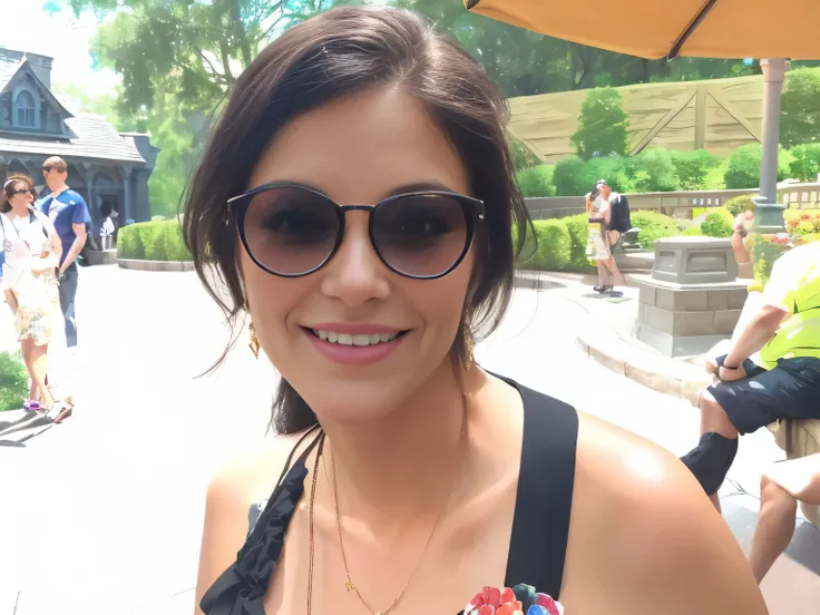 smiling woman in sunglasses with a pin on her chest, Disney artist, having fun, smiling slightly, smiling very slightly, profile picture, magic of the wizarding world, magic kingdom inside a castle at Disney Worlds Magic Kingdom at Walt Disney World . A be...