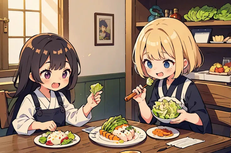 ((masterpiece, highest quality)), Japanese, 2 girls, cute, Dressed as a clerk, clothes,  Eating lots of shredded cabbage, There is a bottle of dressing on the table.,  Torn lettuce on a plate,  Looks happy