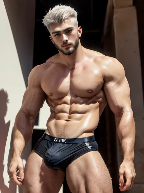 ((Best quality, 8K, Ultra-detailed, Masterpiece: 1.3)), 1boys, Shiny skin, Sharp, Perfect body beauty, realistic shadow perfect body, Cute baby face,mascle, A handsome man, White hair, 20 years old, The scar on his face, Facial hair ("underwear, large bulg...