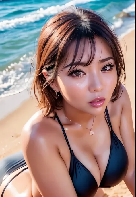 Thai Idol　Mature Woman　40 years old　Plump and glamorous figure　Blonde with bangs　((eye glass))　bright red lips　Duck mouth　Super shiny enamel metallic bikini　Flushed cheeks　((Date on the beach at night))　Portrait　Looking at the camera　((Dressing))　Sultry an...