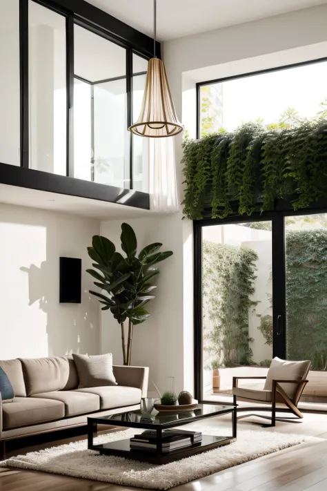 a modern house salon interior scene, extremely detailed, high quality, photorealistic, beautiful lighting, a large comfortable sofa, a cool stylish table, warm and calm color tones, high-ceilinged room with large windows, plants and decorative elements, cl...