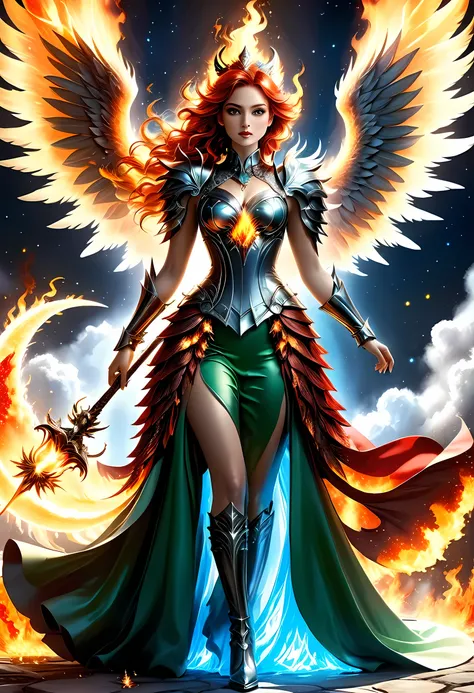 16k, ultra detailed, masterpiece, best quality, (extremely detailed), arafed, dnd art, panoramic view, full body, aasimar, female, (Masterpieceת intense details:1.3), female, sorceress, casting flaming spell(Masterpieceת intense details:1.3) large feathere...