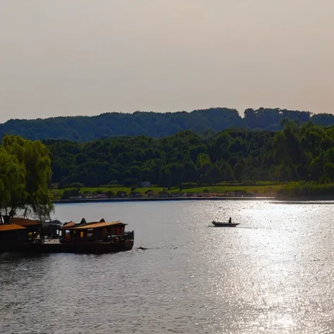 Zen Photography。A boat is floating on the water near the pier,  boat in foreground, small boat in foreground, ship on lake, boat in foreground, Wide rivers and lakes, night, Side view from a distance, Photos taken from a distance