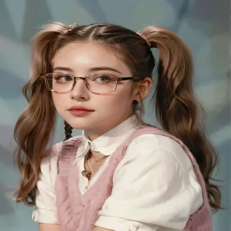 a close-up of a young woman in glasses and a pink sweater, parece una mezcla de mugre, coletas hairstyle, coletas, parece una mezcla de mugre, two coletas hairstyle, she parece una mezcla de mugre, maquillaje de los 90, estilo de los 90, parecido a una mez...