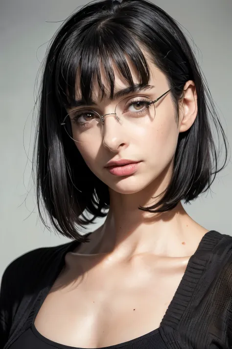 (photo of the face, close-up of the face)(16-year-old woman), (black hair, short hair, bangs, hair down to the shoulders) ((roun...