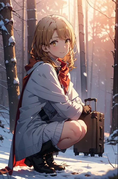 irohaisshiki, iroha isshiki,  brown hair, (brown eyes:1.5), smile,snow, long hair, food, fire, outdoor, brown hair, boots, snowi...