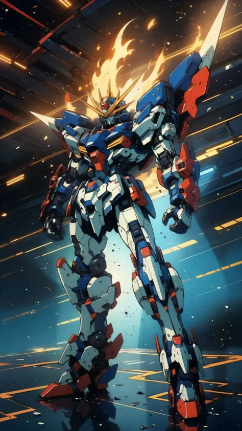 Humanoid Mecha, fully enclosed shoulder guards, matching arm and leg guards, full body, full armor, super robot, the design balances heavy with agility, (the color scheme is primarily white with red and blue accents, the concept Inspired by super robot, co...