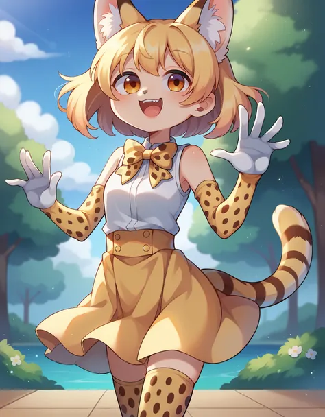 score_9, score_7_up, hd, (ultra hd quality details), outdoors, mwk,,
solo, 1girl, servalkemono,
print legwear, print gloves, print bowtie, tail, sleeveless shirt, high-waist skirt, serval print,
looking at viewer, open mouth, smile, teeth,
standing,
 