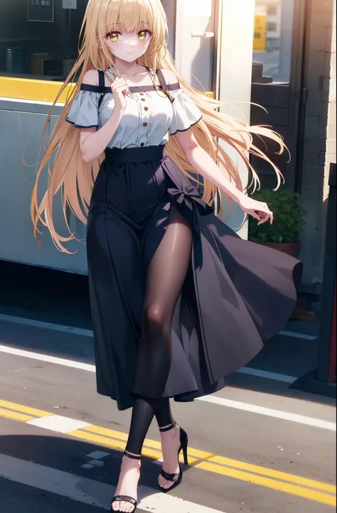 mahirushiina, Mahiru shiina, Long Hair, bangs, Blonde Hair, Brown Hair, (Yellow Eyes:1.3), smile,Cold shoulder tops,Short sleeve,Long skirt,Black pantyhose,Stiletto heels,Walking,whole bodyがイラストに入るように,morning,morning陽,The sun is rising,
break outdoors, Bui...