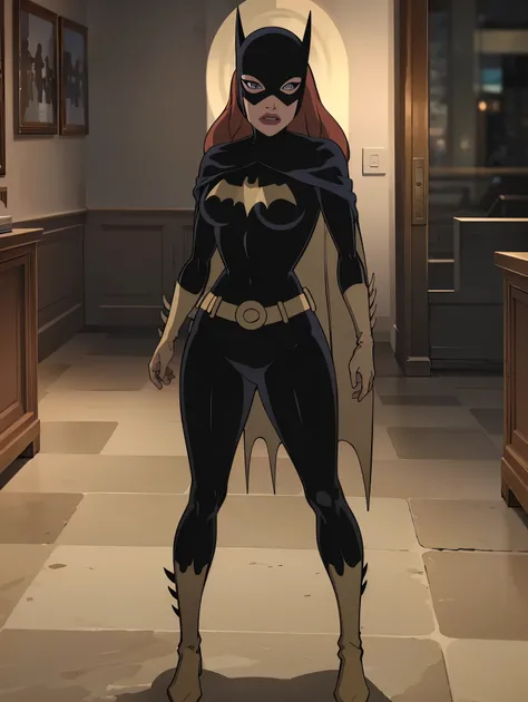 ((full body view)), Batgitlfit, cabelos muito longos, cabelos ruivos, cabelo entre os olhos, rabo de cavalo alto, Fechaduras laterais, olhos azuis, batgirl, roupas brilhantes, body impossible, pele apertada, saia, Olhando para o Viewer apavorada, (pernas m...